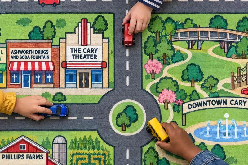 Looking straight down at three children's hands driving toy cars around a roundabout in downtown Cary