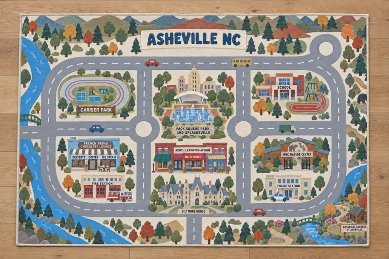 An Asheville rug seen from above, lying flat on a wooden floor